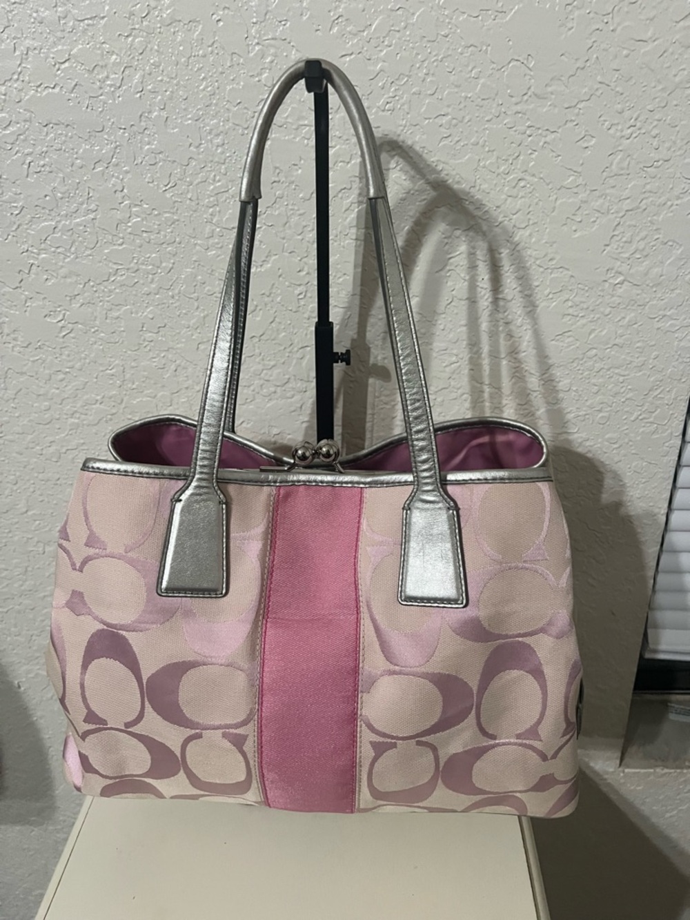 Coach Pink Signature Stripe Shoulder Handbag with Silver Trim - Picture 2 of 10